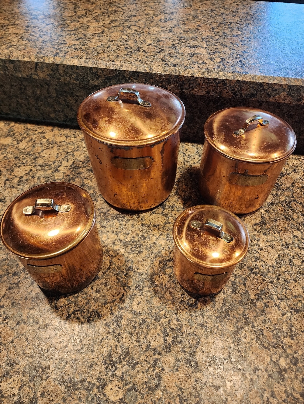 Vintage Copper Nesting Canisters With Handles And Label Plates